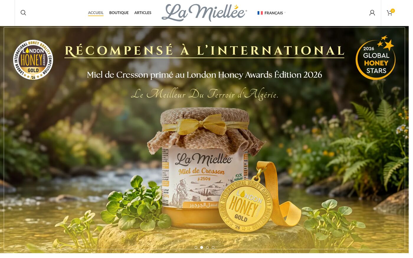 Page d'accueil de la boutique lamiellee.com.dz : miel de cresson primé au London Honey Awards 2026