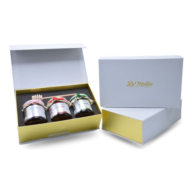Coffret Perfection La Miellée : 3 × 250 g de miel, cuillère en bois