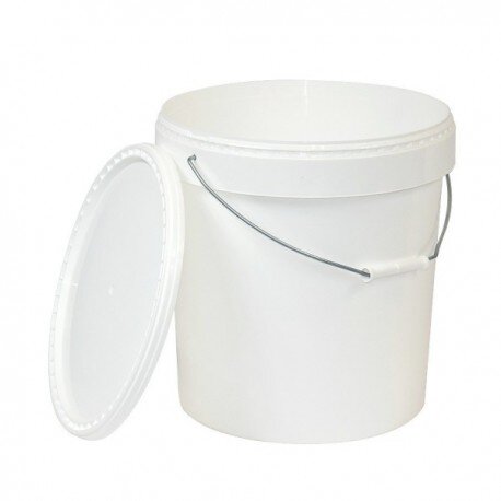 Seau alimentaire blanc de 25 kg avec couvercle et anse métallique